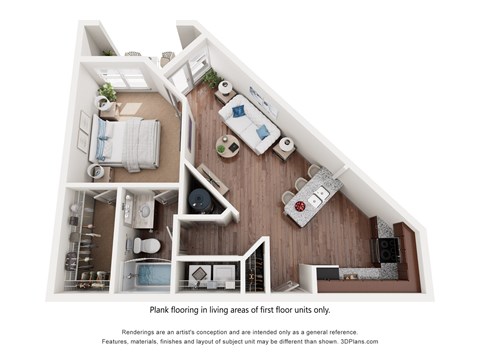 A 3D floor plan of a one-bedroom apartment with a kitchen, living room, and bathroom. in Destin FL